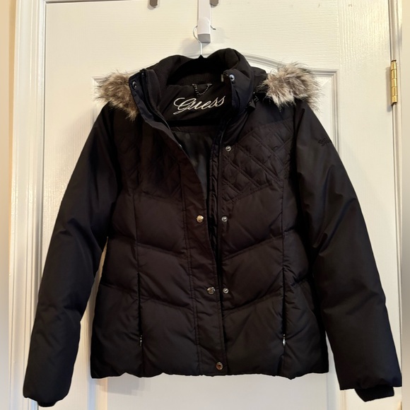 Guess Down Feather Puffer Jacket Faux Fur Hood Small Like New - Picture 1 of 11